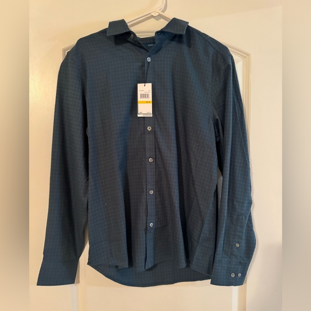 Men’s Perry Ellis The Untucked Shirt - Medium - hunter green & navy checkered‎